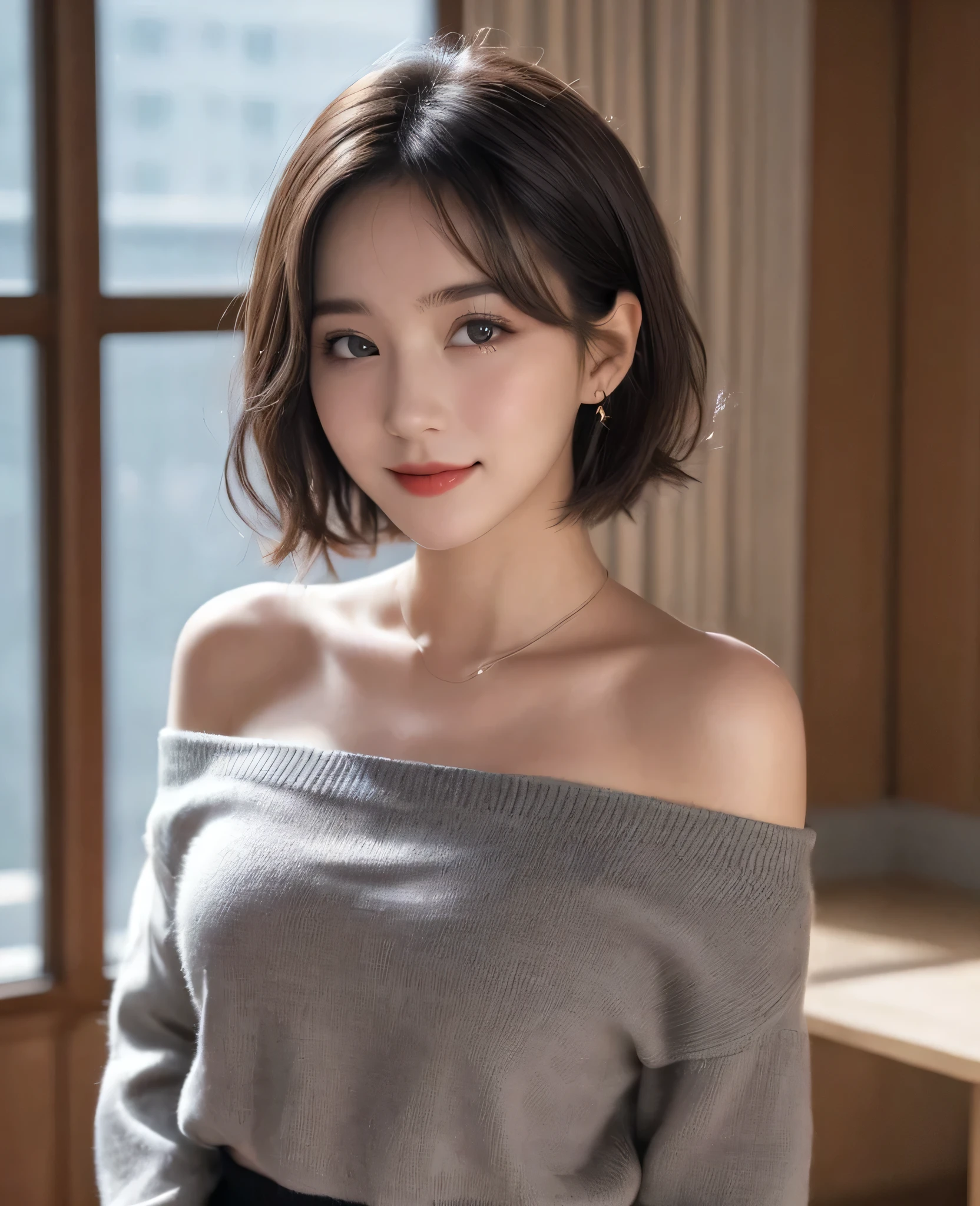 Best quality,masterpiece,Ultra-high resolution,(Realism:1.5),original photo,1 Girl,Off-shoulder,Low-cut,Chest-length skirt,in the darkness,Deep Shadows,Low profile,Openwork sweater,Cold Light,Attractive appearance,short hair,Half-length photo,Smile