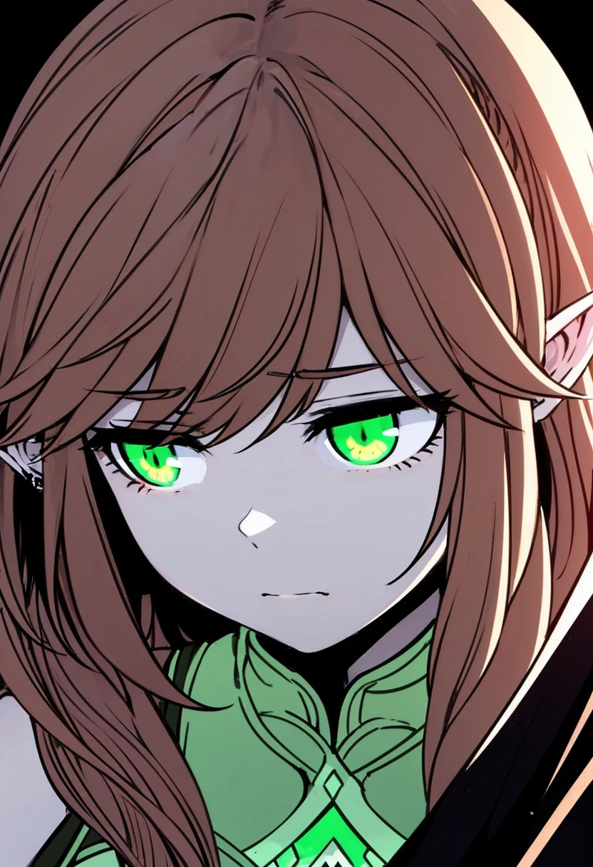 Young elven woman, pale skin, brown hair, a green eye and red a eye, black short clothes, small, dark fantasy, long ears, bladedancer, kill la kill draw style