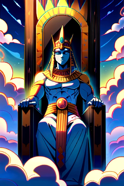 Strong egyptian king , sitting on throne comprised of clouds , front perspective