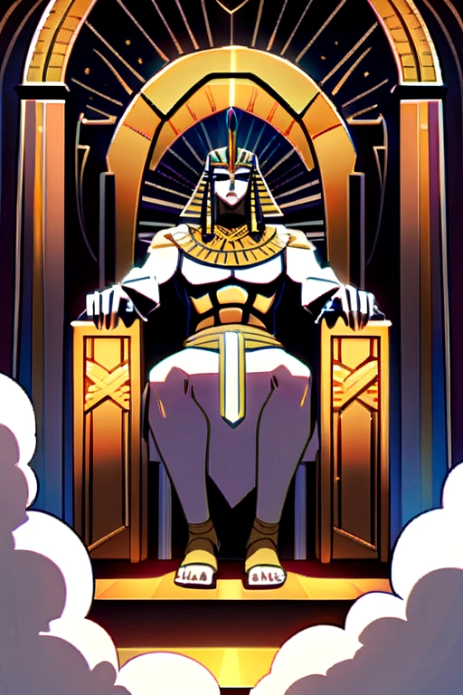 Strong egyptian king , sitting on throne comprised of clouds , front perspective 