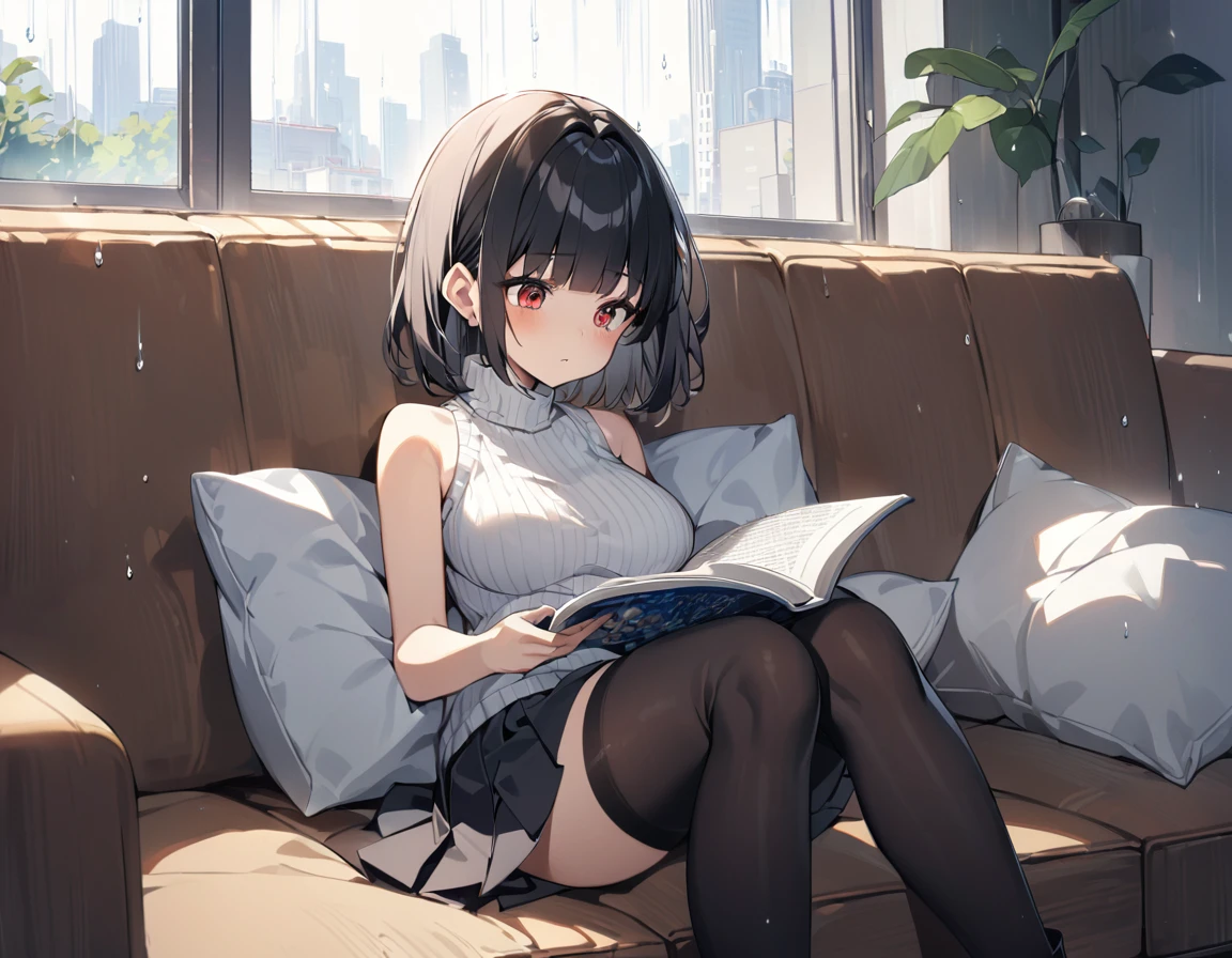 It is raining outside the apartment window. She is lying on the sofa next to the window and reading. 1girl,solo,blunt-bangs,19 years old,short-hair,large_breasts,black-hair,red-eyes, thin_sleeveless_turtleneck_white_sweater,black_pleated_skirt,black_thighhighs,brown_boots,