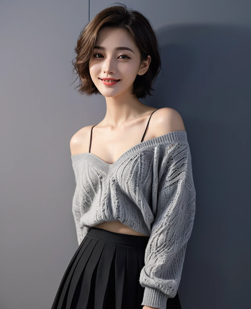 Best quality，masterpiece，Ultra-high resolution，(Realism:1.5)，original photo，1 Girl，Off-shoulder，Low-cut，Chest-length skirt，in the darkness，Deep Shadows，Low profile，Openwork sweater，Cold Light，Attractive appearance，short hair，Half-length photo，Smile