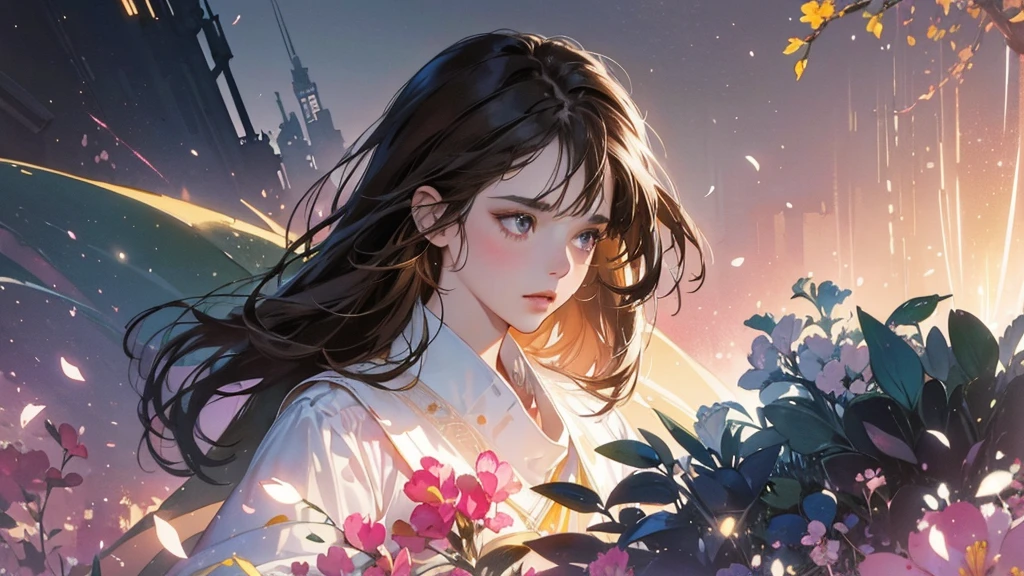 32k, Masterpiece, Highest quality, One girl, Brown Hair, Detailed eyes, flower,Freesia, Pink and navy style,A dreamy, romantic piece,Pale yellow, Mysterious Leaves,A playful arrangement,Fantasy,High Contrast,Ink strokes,explosion,Exposure, Impression of pink and navy tones,Abstract,((Watercolours by John Berkey and Jeremy Mann )) Brush strokes,Negative Space, Tyndall effect,