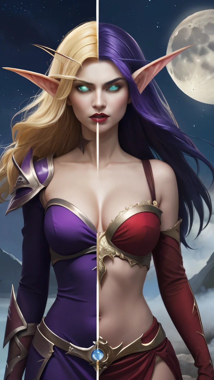 (Masterpiece, highly detailed, highly quality, highly resolutions), 2 Pointy Ears, 2 eyebrows, line between the middle, Split Colored Hair in the Middle, cut the screen in the Middle, cut the Sun and Moon in Half, Split Colored Lips in the Middle, ({{BREAK nightelf, SplitScreen, split screen, Left screen, angry, clenched teeth, glowing eyes, left blue eyes, left Purple Hair, colored skin, mature female, purple Dress, purple shoulder pad, Navel, Cleavage, purple lips, looking at viewer, night, Sleeve, Long eyebrows, Princess of the Moon, Moon Background, left Half Moon center}}), vs, (BREAK bldelf, SplitScreen, splitscreen, Right Screen, angry, clenched teeth, glowing eyes, right Green eyes, right Blonde hair, colored sclera, mature female, Red Dress, red shoulder pad, Navel, cleavage, red lips, looking at viewer, day, Sleeves, long Eyebrows, Princess of the Sun, Sun Background, right Half Sun center))