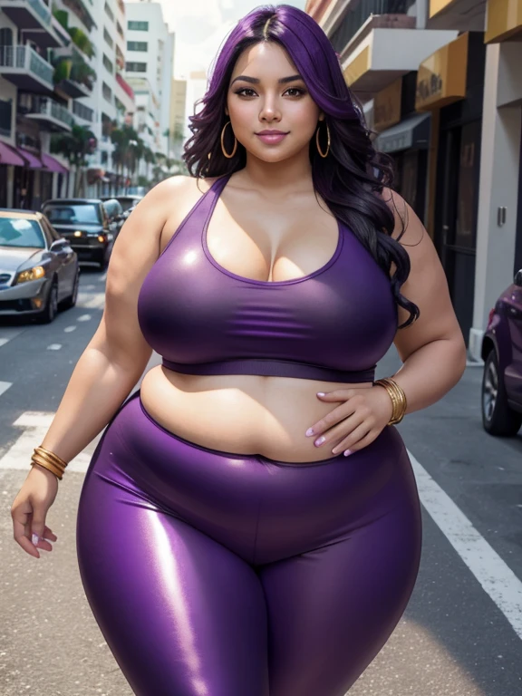 Latina woman, long black hair with purple highlights, tan-bronze skin, plus size milf body, chubby figure, chubby face, attractive face, mascara, purple lips, purple mascara, purple eyeshadow, beautifully detailed eyes, carefree smile, confident expression, walking down the streets of Miami, looking at viewer, (wearing black tank-top, shiny purple leggings and golden bracelets), wide hips, large thighs, beautiful thick female, thick thighs, she has a jiggly fat round belly, she has a wide load butt, walking down the streets of Miami, best quality, cinematic lighting, detailed background, soft volumetric lights, intricate details,
