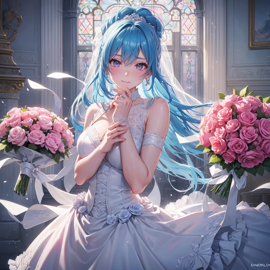 Sky blue hair, (Braided Ponytail),(Pink Eyes),Fair skin ,(whole body),(One girl),bride,A big smile,Straight bangs, 6月のbride,Wedding dress,(masterpiece, Highest quality, Very detailed, Best Shadow), (Detailed Background), (Beautifully detailed face), High Contrast, (Best lighting, Very delicate and beautiful), ((Cinematic Light)), colorful, Hyper Detail, Dramatic Light, Intricate details,Chapel background,Bouquet of roses,Ring on left ring finger,