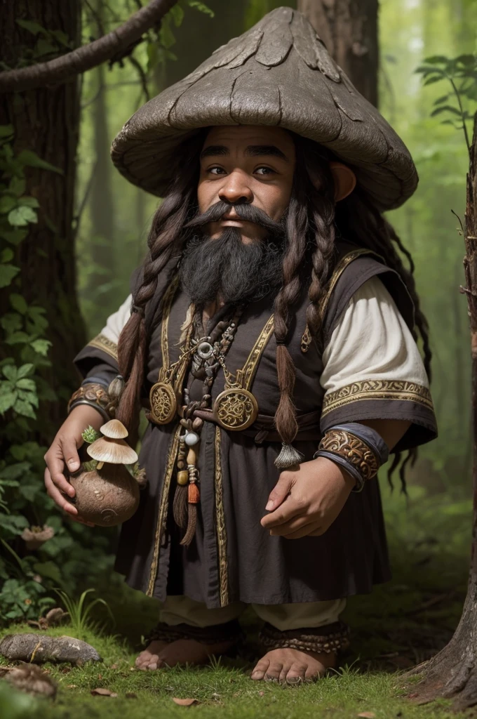 Dwarf druid with black skin, com dreadlock, with several mushrooms on clothes, d art style&d