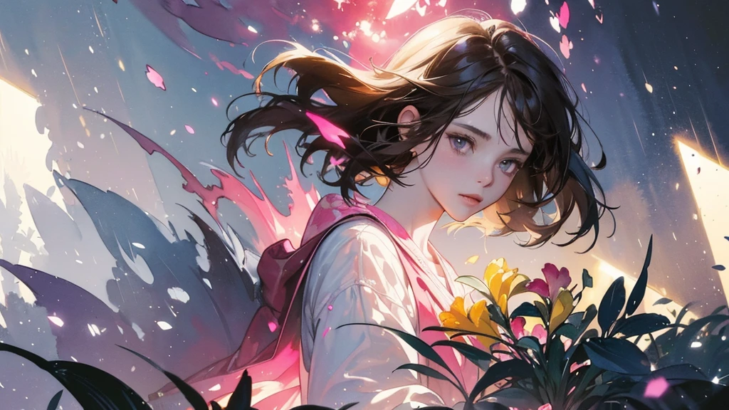 32k, Masterpiece, Highest quality, One girl, Brown Hair, Detailed eyes, flower,Freesia, Pink and navy style,A dreamy, romantic piece,Pale yellow, Mysterious Leaves,A playful arrangement,Fantasy,High Contrast,Ink strokes,explosion,Exposure, Impression of pink and navy tones,Abstract,((Watercolours by John Berkey and Jeremy Mann )) Brush strokes,Negative Space, Tyndall effect,