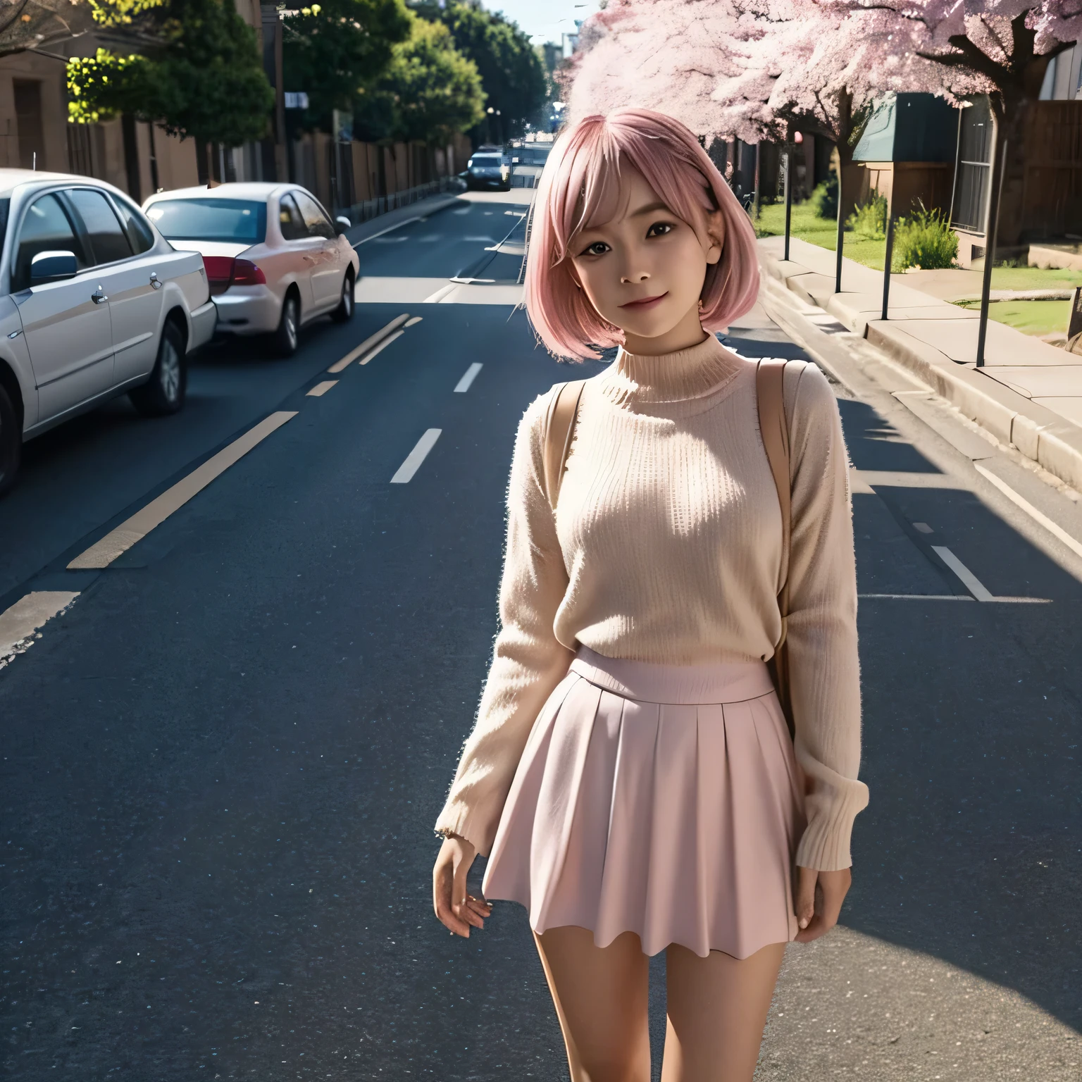 masterpiece, best quality, Extremely detailed, illustration, Wide Angle, 1 girl standing in the middle of the road, Solitary, The road in the middle and the pink cherry blossom trees on the roadside, whole body, 1920s, Pink Hair, sweater, Short skirt, Fashion,, work, balance, , rhythm, color, Light, shadow, reflection, refraction, Tone, Compared, prospect, Middle ground, background, Naturalism, simile, Representativeness.