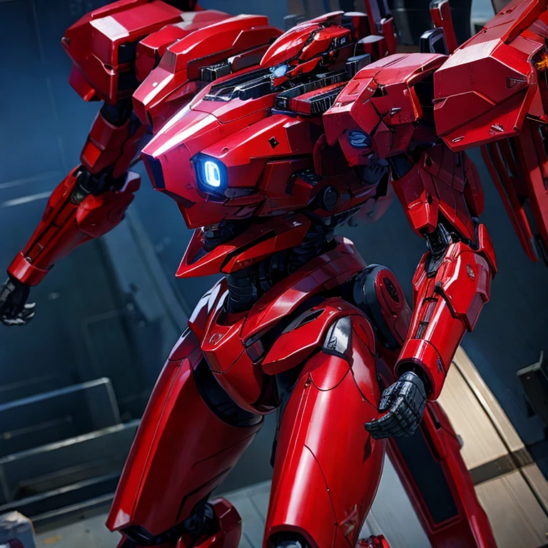 O armored core vermelho-sangue com detalhes em bege estrutura feita de ossos de animal, olhos vermelhos vívidos, se e Carregava uma lança feita de ossos
