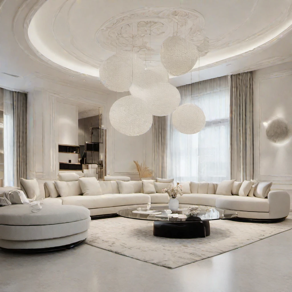 Interior Design, CURVY AND NEO CLASSIC STYLE, a modern interior of a house with a high ceiling, featuring a mix of white and beige furniture, a large chandelier, and a white rug, (CURVY AND NEO CLASSIC STYLE furniture design), (space that realistically describes the minimalist interior of a townhouse), soft lines detail rendering realtime, (Warm LED 4000k white tone, Clean and comfortable, timeless, making the space appear clear), carpet, blanket cotton, (circle spotlight), (indoor), (neutral white mix light gray and black tone color), (white wall mix light gray wall design), (architectural design visualization), (reflection), (focus on object), (material normal bump real reflection), (multi-level reflection), (chao vantage software visualization render),(((Best Quality))), ((Masterpiece)), ((best illustration)), ((best shadows)), (( Super Detail)), (Intricate lines), (Photorealism),(hyper detail), ((archdaily)), ((award winning design)), (dynamic light), ((spotlight)), (perfect light), ( shimering light), ((photorealistic)), ((intricate detail)), ((extreme detail)), ((crazy detail)), ((octane render)), ((trending on artstation)), ((High- fidelity)), ((Viwvid)), ((Crisp)), ((Bright)), ((Stunning)), ((Eye-catching)), ((High-quality)),((Sharp)), ((day sun environment)), ((Illuminating)), ((Flawless)), ((High-quality)),((Sharp edge render)), ((medium soft lighting)), ((photographic render)) , ((detailed archviz)), ((reality environment)), (level of photo realism, depends on lighting, materials, composition, Real-Time Rendering, based on chao vantage timage rendering graphics software)