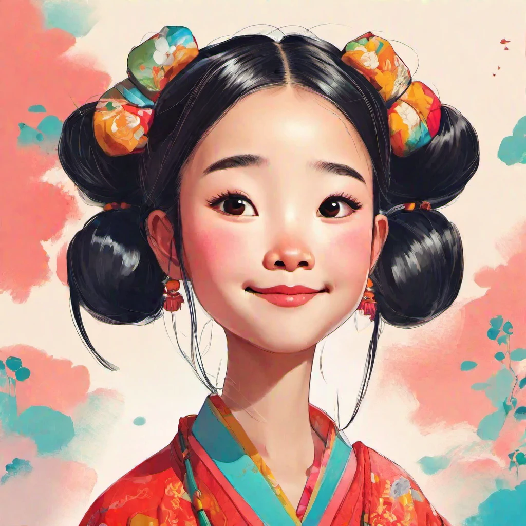 (masterpiece, best quality:1.2), 1girl, solo，A cute Chinese girl with two buns on her head, white background, wearing traditional in the style of an illustration by Oliver Jeffers, cartoonlike character design, vibrant colors, closeup shot from above, exaggerated facial features and hair texture, slightly messy bun, patterned shirt, playful expression, cheerful mood.