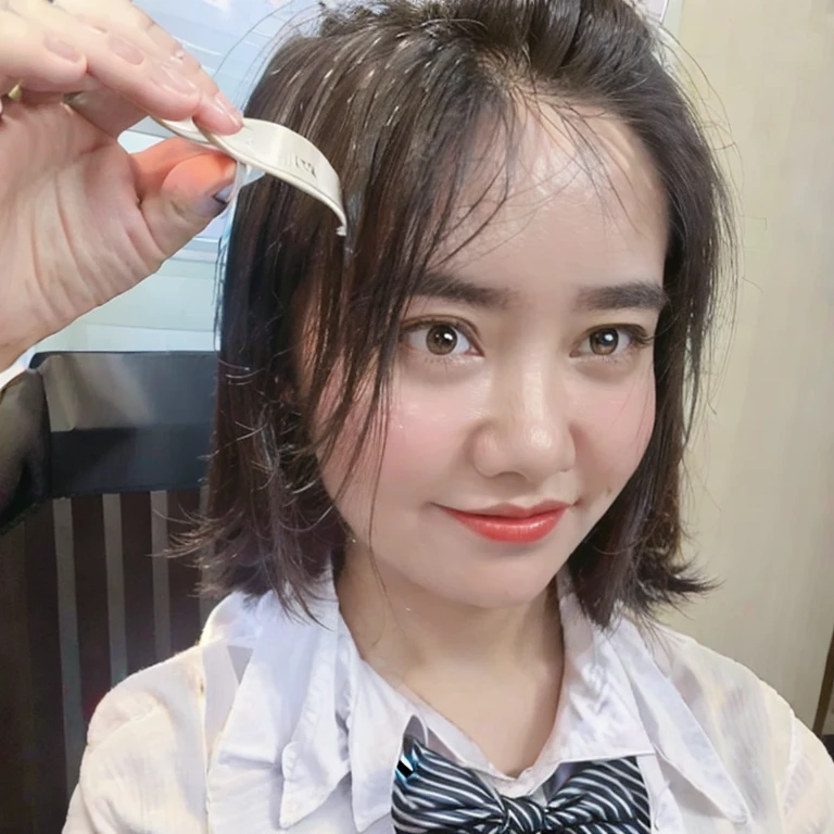 1mzqr1, 1girl, cute, black blazer, professional attire, bow tie, white shirt, delicate features, pretty face, brown hair, looking at the viewer, half-length portrait, office background, cowboy shot, UHD, masterpiece, accurate, anatomically correct, 8k