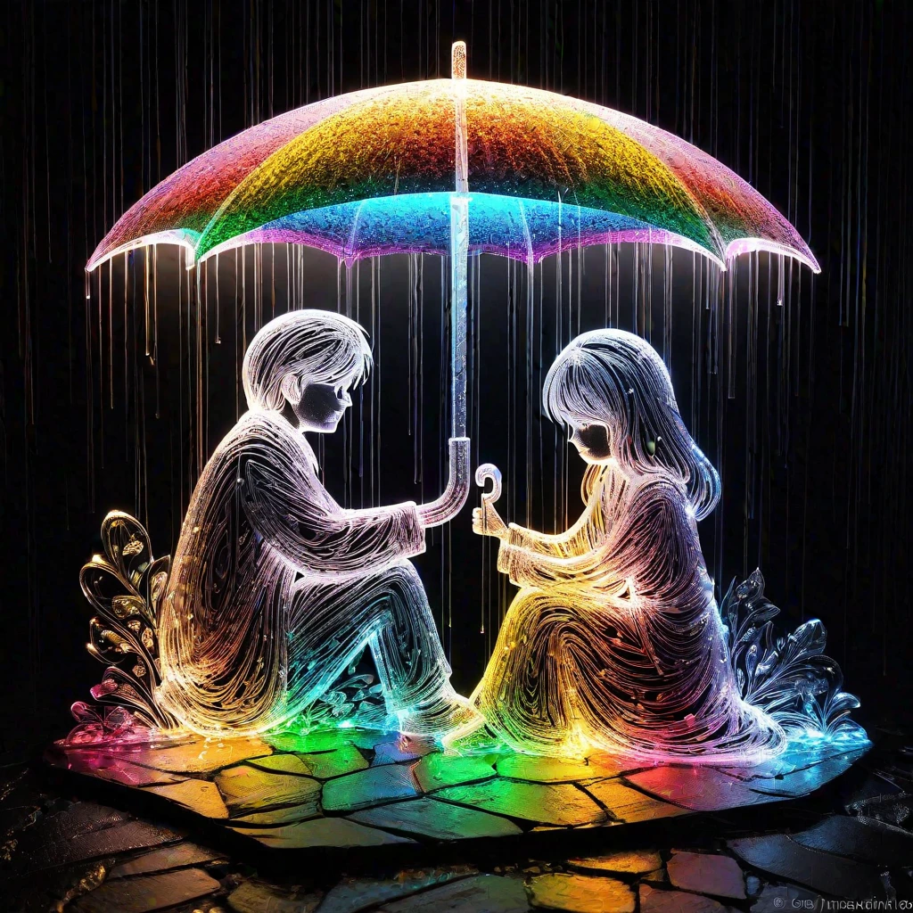 Crystal lighting effect colorful small stome made of The lighting is combined with the human-shaped bunchy layer of fretsaw , and the shape of a kind and tender scene of a man who accidentally brings an umbrella to a girl who is sitting sadly in the rain is intricately created with the thin lines of light.background the gloosy black wall