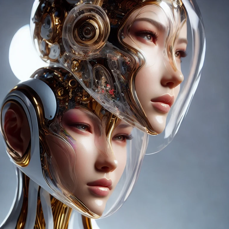 (masterpiece, best quality:1.2), 1girl SOLO, Una chica cyborg hiperrealista con una cabeza y el rostro elaborado completamente a partir de delicada capa de vidrio transparente, dentro de la cáscara de vidrio claro son arte de tinta de color vibrante en su rostro, reflejando una fusión de ingeniería de precisión y delicada arte, blanco mate y dorado bodysuits, absolutamente lujosos colores de superficie e iluminación