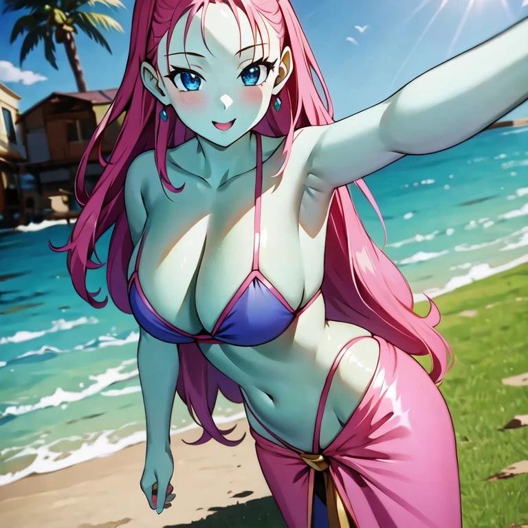 (masterpiece, best quality:1.2), 1girl, solo, green skin, pink hair, long hair, blue eyes