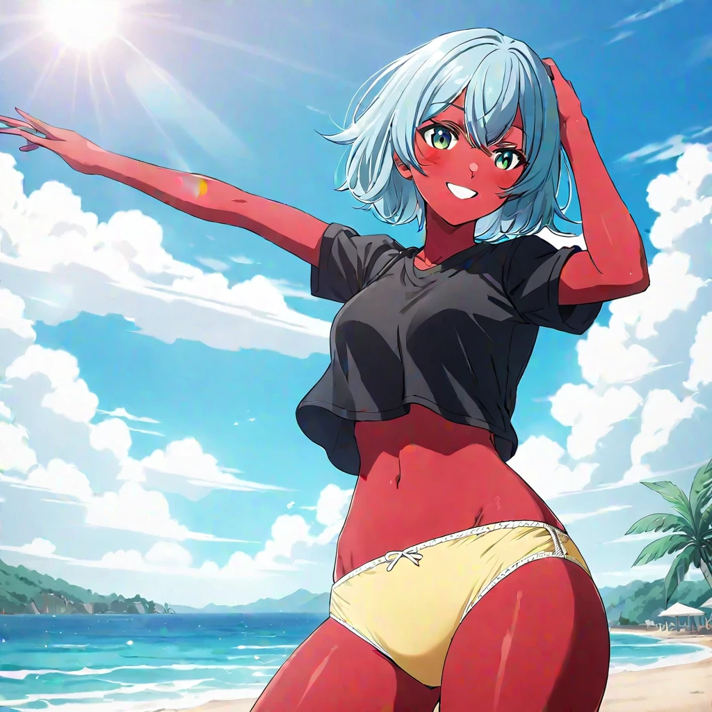 (anime screencap style:1.4), 1girl, solo, red skin, blue hair, short hair, green eyes, smiling, black shirt, yellow panties, from below, beach setting, sunny day