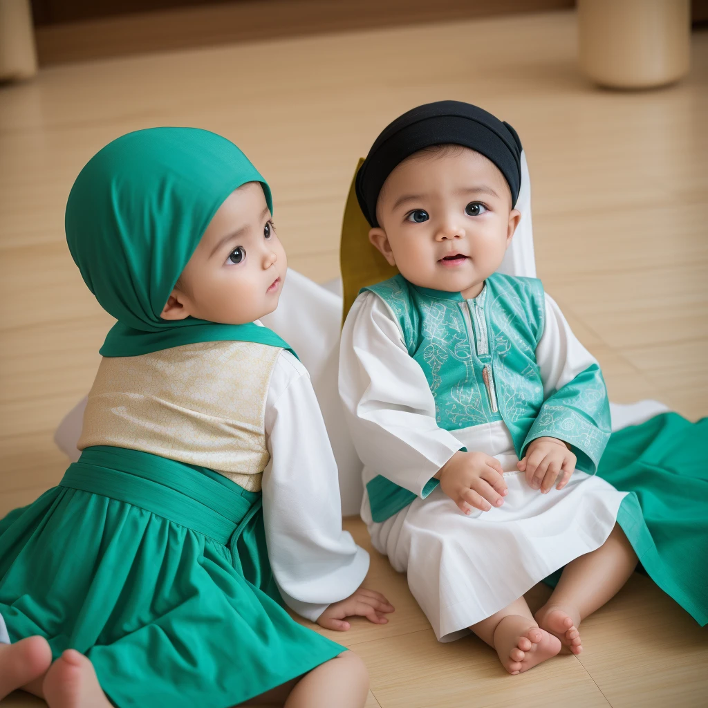 potret bayi laki laki indonesia umur 1 bulan, memakai gamis muslim warna putih, dengan peci, baground Al Qur'an, dan Ka'bah kecil, photography