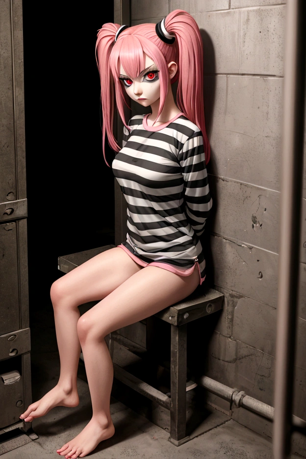 an anime girl with her arms behind her back, dressed as a prisoner, inside a dark prison cell, 1 girl, full body, alone, long hair, looking at viewer, shirt, red eyes, pink hair, loose hair, evil worried face , sitting on a bed, dressed in a striped t-shirt, with horizontal stripes, black and white striped shirt, large breasts, long sleeves, with (arms behind the back), no pants, bare legs, bare feet, bare feet.