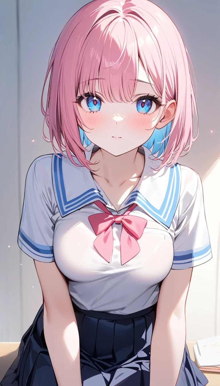 (1 girl),((Masterpiece:1.5)), (high school student:1.5), (pink lob hair:1.1), [skyblue hair:0.1], (bob cut), (cute eyes, pupil black, iris skyblue, youthful face), ((school uniform, white short simple sleeve shirt, darkblue skirt, pink short ribbon)), (super clear:1.5), (glistening skin:1.1),(pale skin:1.2), (standard weight), (medium breasts), (close up face).