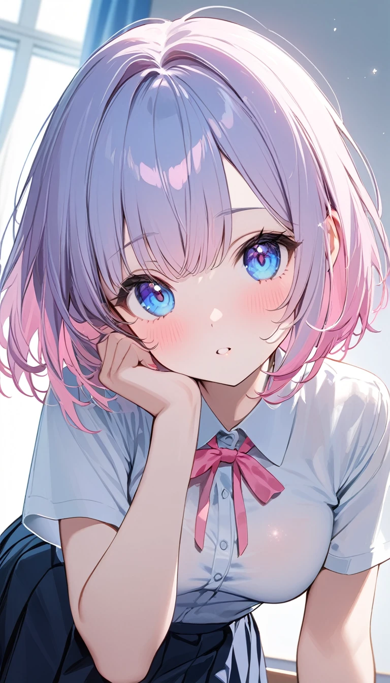 (1 girl),((Masterpiece:1.5)), (high school student:1.5), (pink lob hair:1.1), [skyblue hair:0.1], (bob cut), (cute eyes, pupil black, iris skyblue, youthful face), ((school uniform, white short simple sleeve shirt, darkblue skirt, pink short ribbon)), (super clear:1.5), (glistening skin:1.1),(pale skin:1.2), (standard weight), (medium breasts), (close up face).
