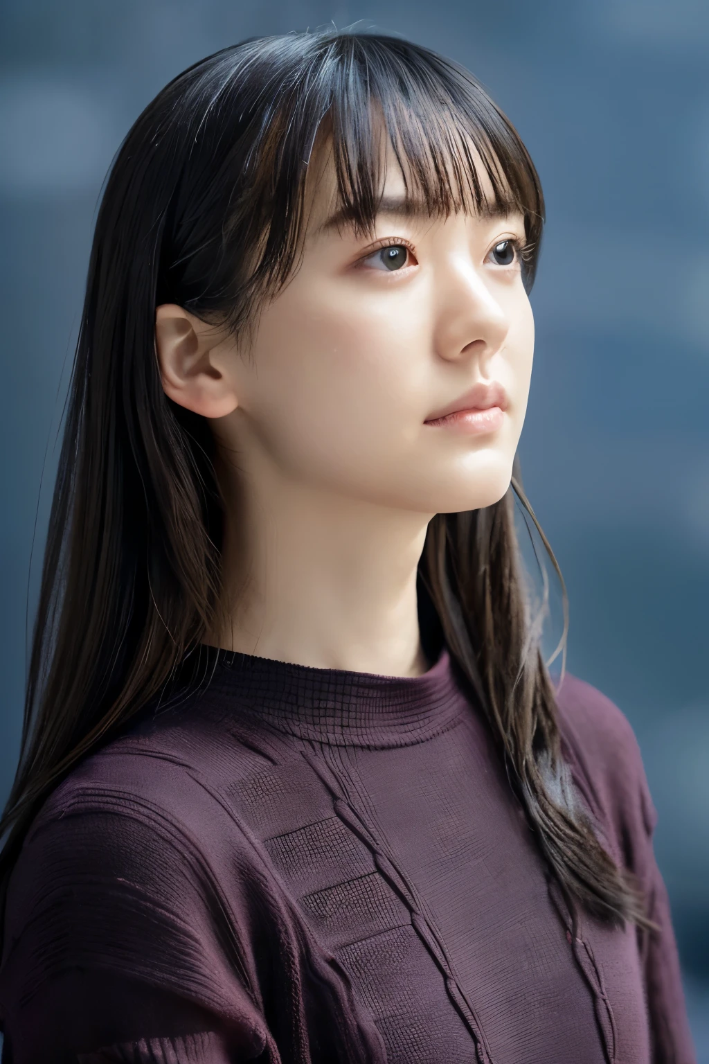 (knitwear), (top-quality, masterpiece:1.3, Super high resolution), (Photorealsitic:1.4, RAW shooting), Ultra-realistic capture, A highly detailed, high-definition 16K for human skin, Wistful, A skinny Japanese woman, 30 years old, cute face, ((Sadness face)), detailed face, detailed eyes, ((correct anatomy)), A dark-haired, Middle hair, ((Background of the sea in a starry night)), (((looking up afar at starry sky))), hair blowing in the wind