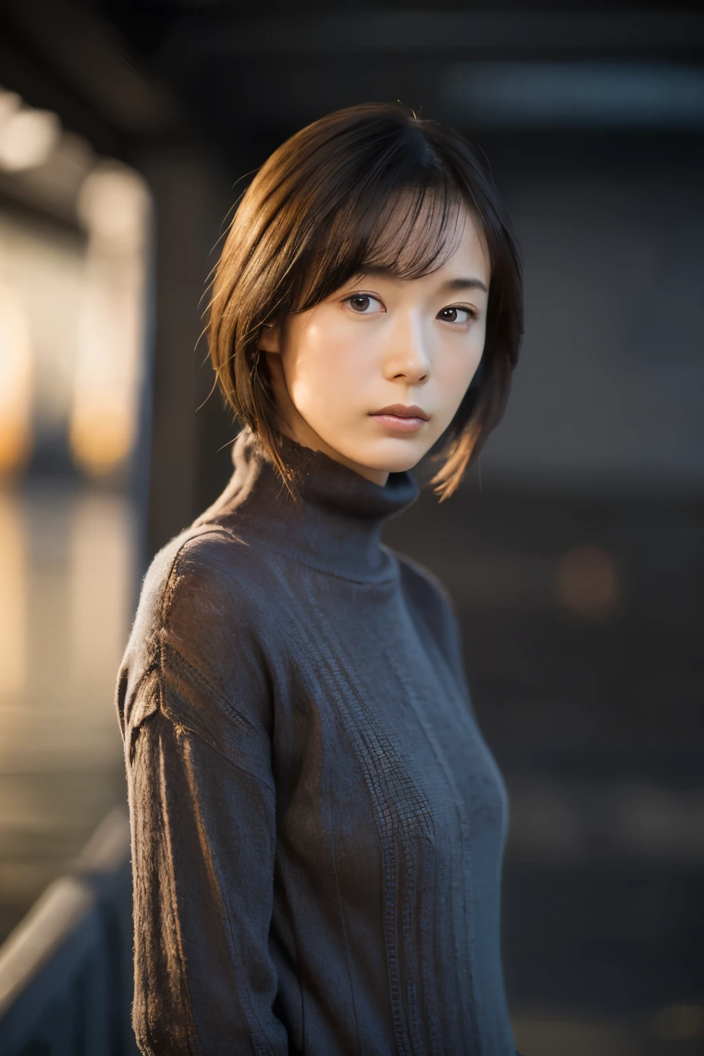 (knitwear), (top-quality, masterpiece:1.3, Super high resolution), (Photorealsitic:1.4, RAW shooting), Ultra-realistic capture, A highly detailed, high-definition 16K for human skin, Wistful, A skinny Japanese woman, 30 years old, cute face, ((Sadness face)), detailed face, detailed eyes, ((correct anatomy)), A dark-haired, Middle hair, ((Background of the sea in a starry night)), (((looking up afar at starry sky))), hair blowing in the wind