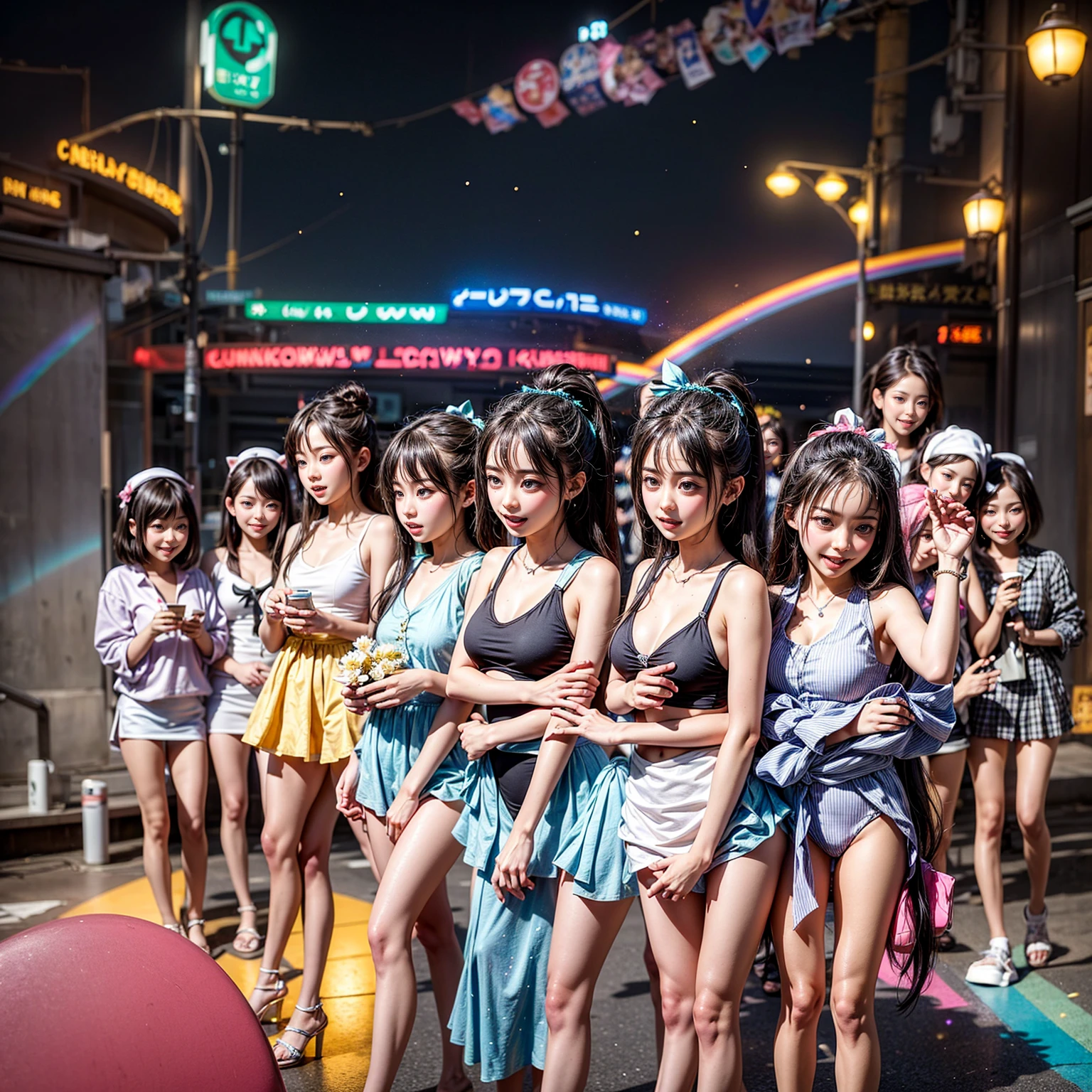 ((ExtremelyDetailed (PUNIPUNI KAWAII 12 Girls in a row:1.37) Shibuya Hachiko-mae scramble crossing)), (masterpiece 8K TopQuality:1.2) (ProfessionalPhoto:1.37), {(Standing Full Body:1.2)|Dancing}, Different types of hair colors, {(White(skinny school swimwear))|SchoolUniform|Tutu}, {Corrected BabyLike hand|Hiddenhand}, (Joyful Expressions LifeLike Rendering), PerfectLighting (RainbowColor particles:1.2)(Dazzling Blurred ColorfulLights) MotionBlur BREAK (Acutance:0.8) Impeccable Radiant PearlSkin with Transparency .
