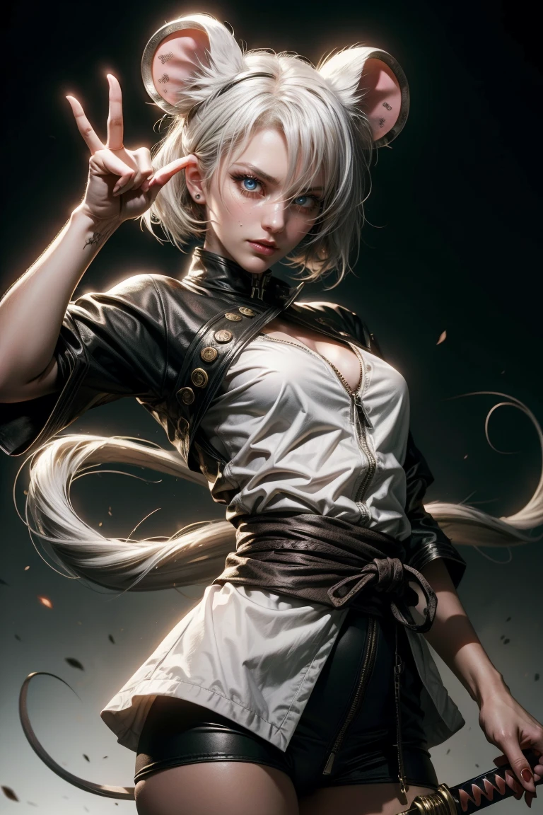 Sexy ninja girl with mouse ears silvery white hair, white  clothes, with a katana, and jutsu hand sign