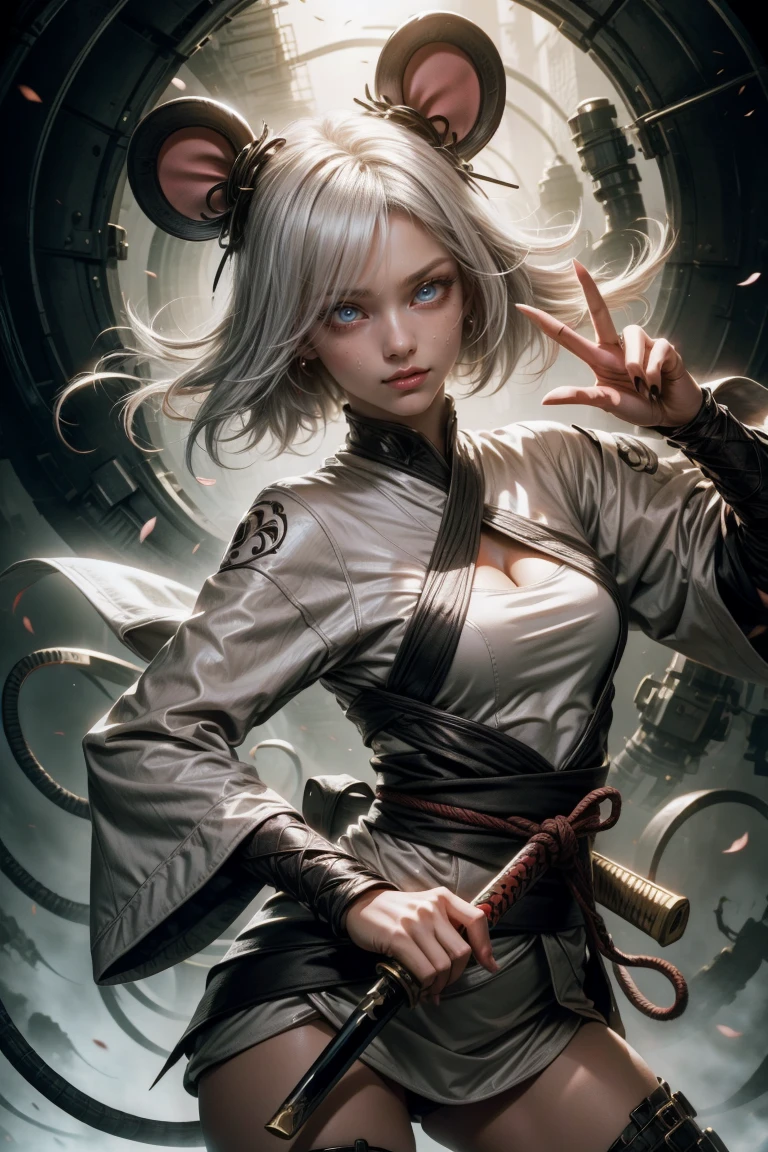 Sexy ninja girl with mouse ears silvery white hair, white clothes, with a katana, and jutsu hand sign