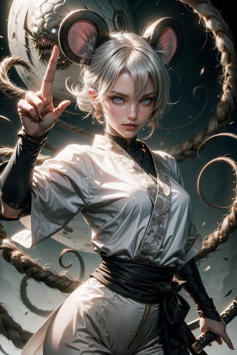 Sexy ninja girl with mouse ears silvery white hair, white and blue clothes with a katana, and jutsu hand sign