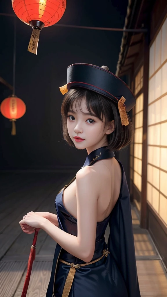 (Highest quality, 8K, masterpiece:1.2), Reality:1.4, One girl,alone, Black Hair, Slender body, Small and slender figure, Underbust, Beautiful breasts, Small beautiful butt, Thin thighs, Have, Light_smile, (Ofuda), China dress, Arms crossed, whole body, Outdoor, Hanging lanterns, night, Higashi Setuna, ((Detailed eyes and face:1.2, Professional photography techniques)), ((-faceutiful girl:1.2, Cute face))