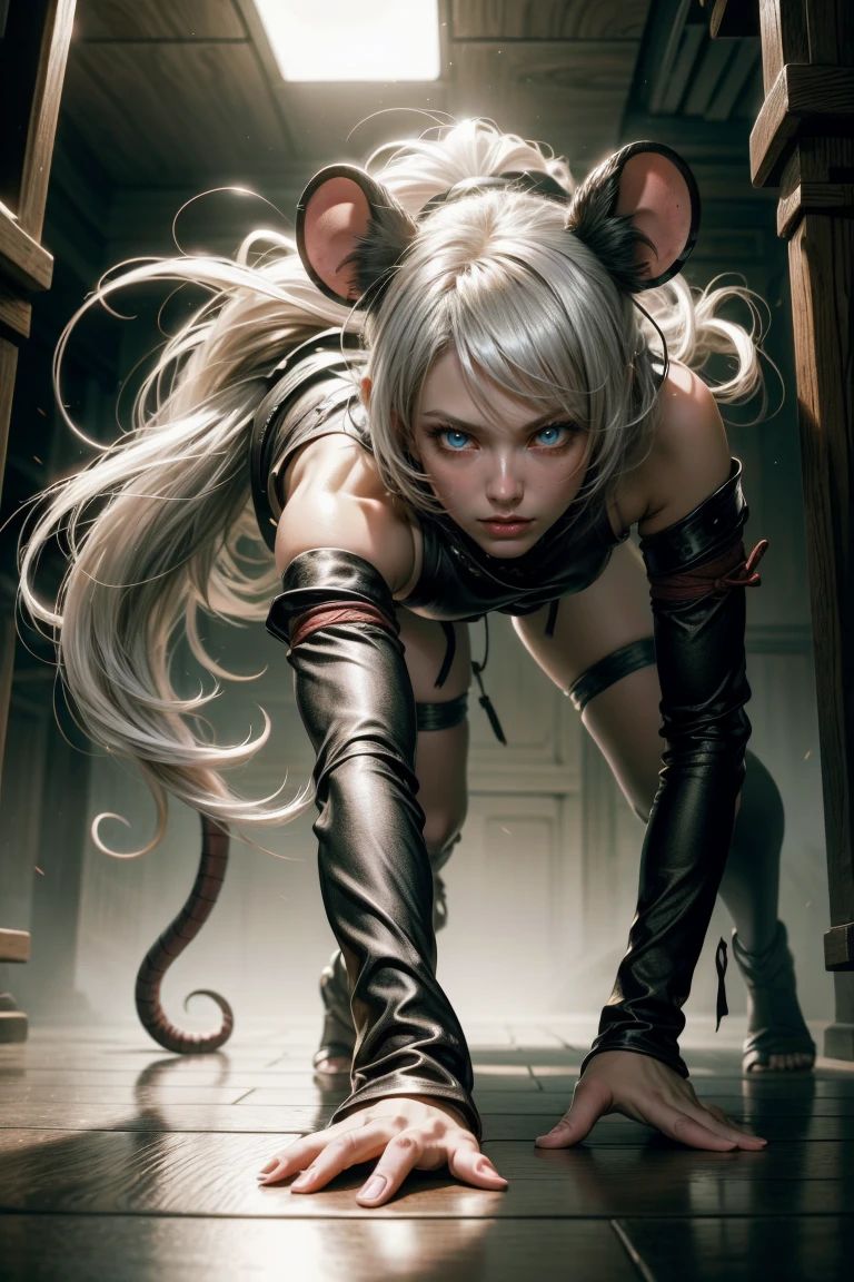 Sexy ninja girl crawling across the floor, with mouse ears silvery white hair, with a katana, and jutsu hand sign