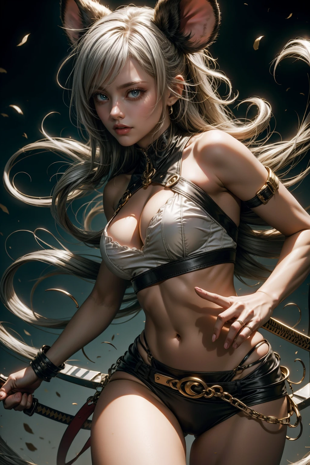 Sexy ninja girl with mouse ears silvery white hair, with a katana, and jutsu hand sign