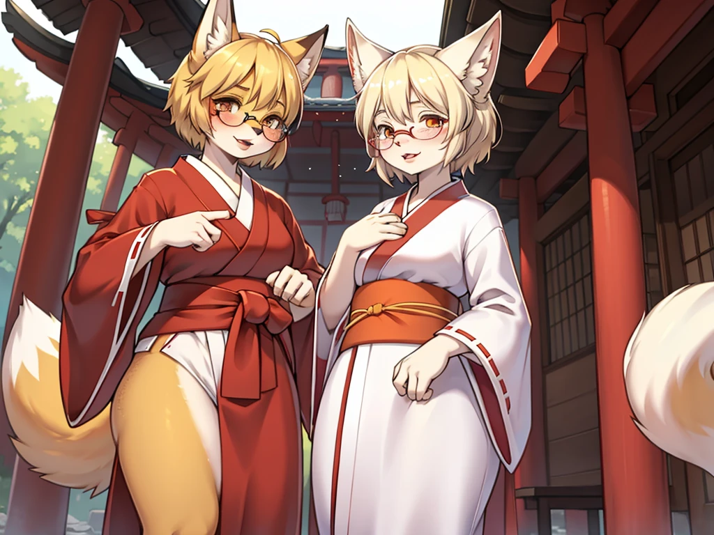 Japanese shrine maiden outfit fox , short blonde hair, freckles, (thick lips), plump, glasses , Suspicion eyes , gohei