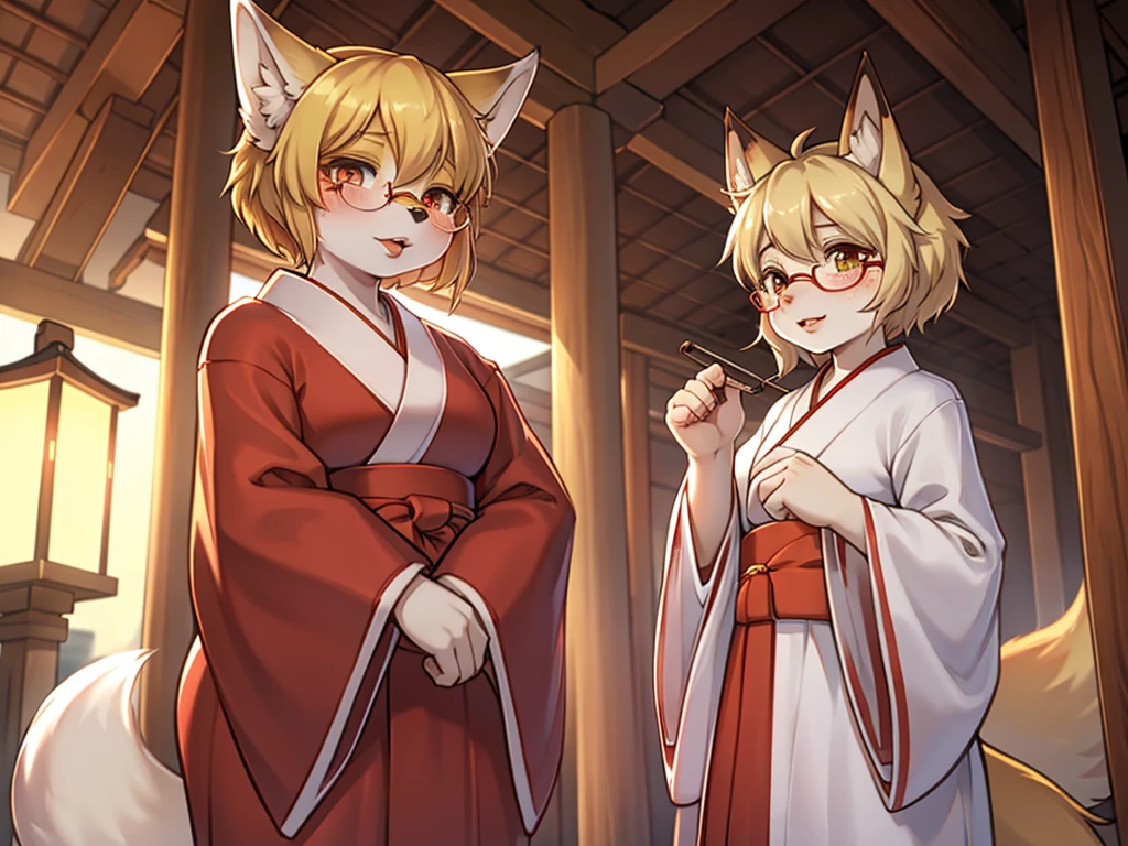 Japanese shrine maiden outfit fox , short blonde hair, freckles, (thick lips), plump, glasses , Suspicion eyes , gohei