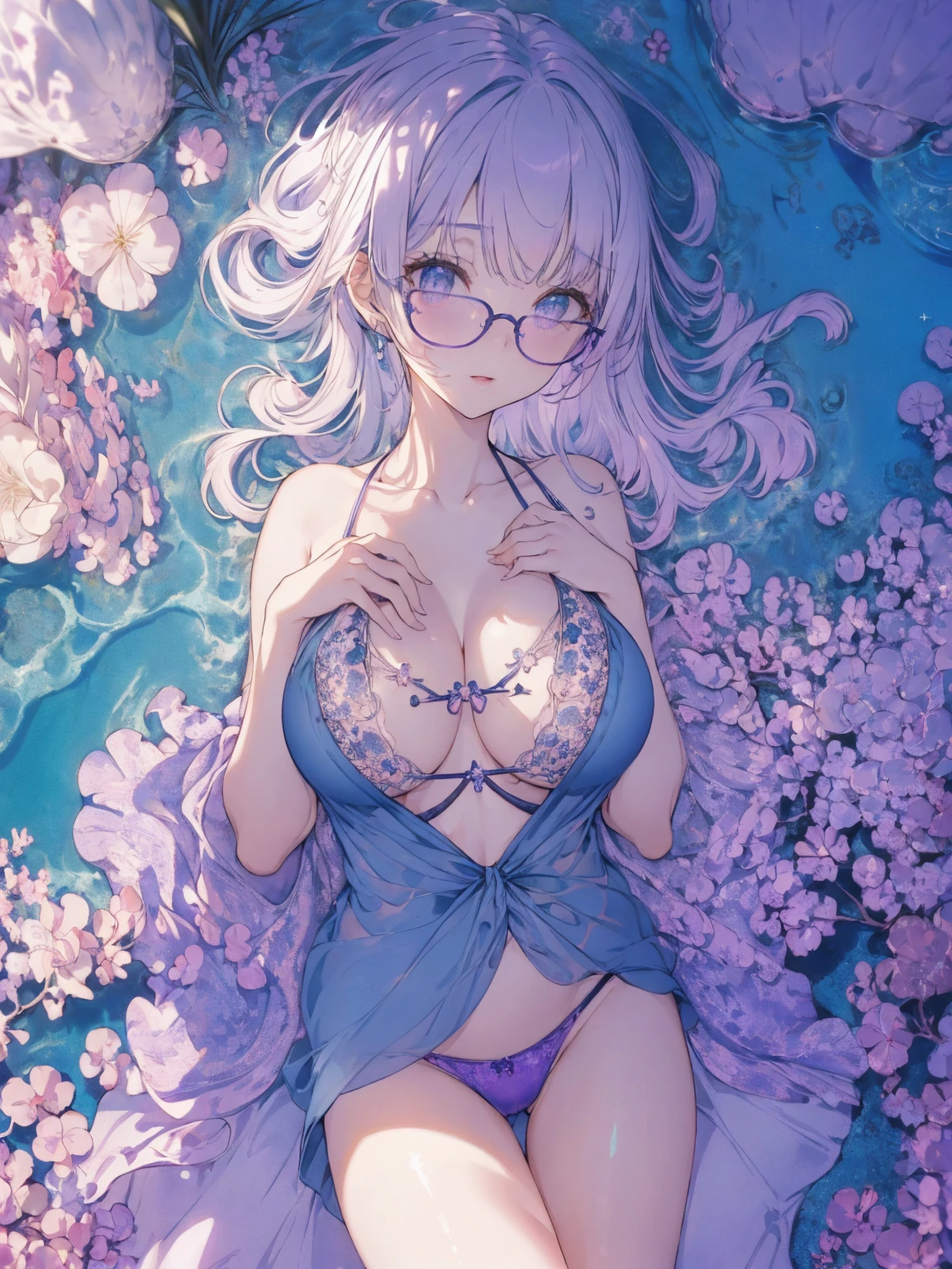 (seaside photo:1.1, in blue marine:1.5), Masterpiece, best quality, (very detailed CG unity 8k wallpaper), (best quality), High definition RAW color art, Animation,sculptures, (pink Marble Skin), (((Ultra detailed elegant))), Magical atmosphere, Detailed skin, Texture,(Intricately detailed, Fine detail, ultra-detail art), depth of fields, bokeh, Silky Touch, Hyper Detail, beautiful eyes, Elegant Face, (lying on pastel purple waterfront), sparkle background, enormous breast:1.3, under breast, (silver hair), pastel purple, fat, embarrassing red face, wide open udder, shorthair, Round Glasse:1.4, bikini, view from below
