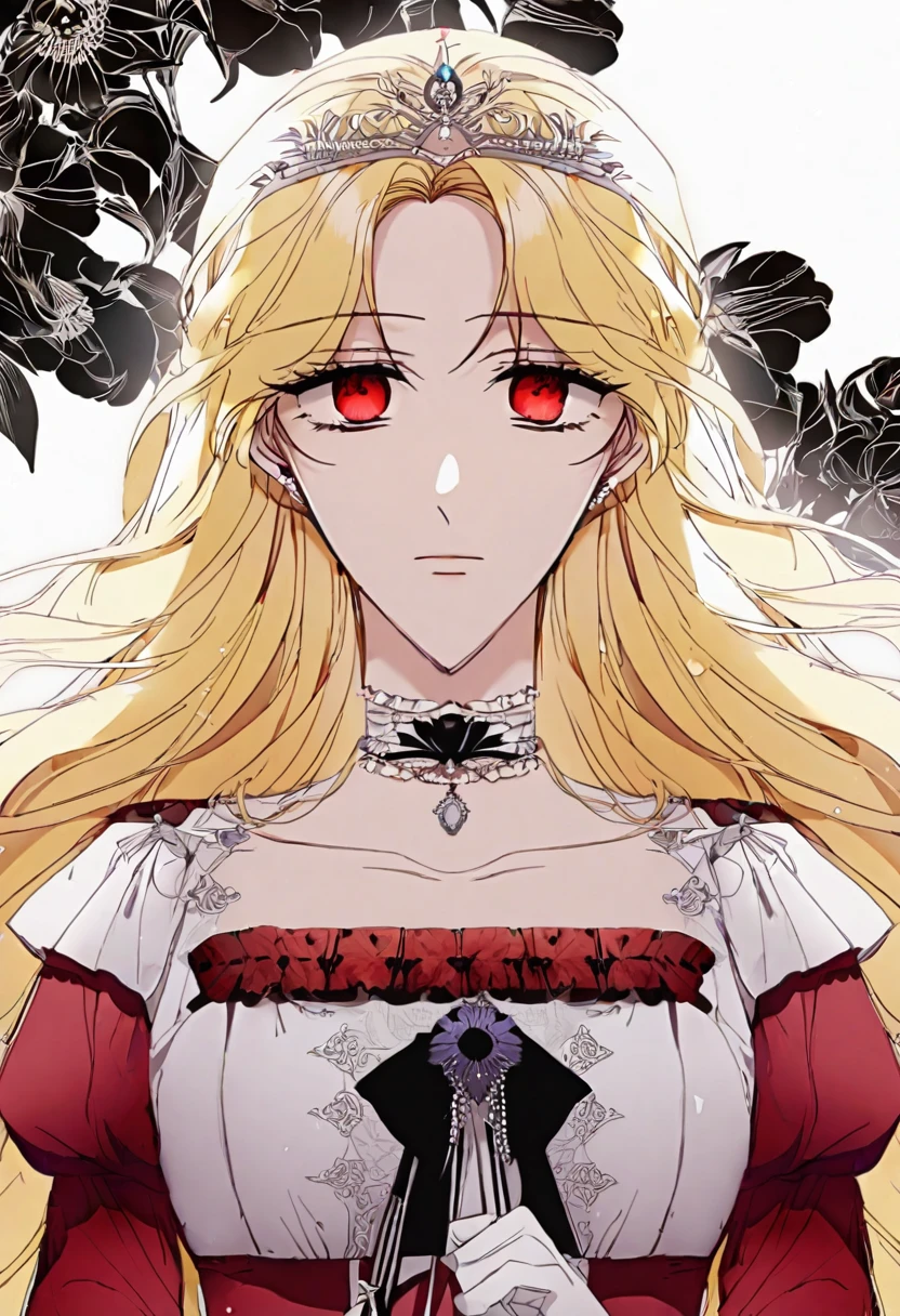 (shoujo-style:1.3), floral background, romance manhwa, 1girl, blonde hair, solo, long hair, flower, dress, tiara, white dress, gloves, long sleeves, choker, red eyes, white gloves, black bow, black flower, wavy hair, bow, jewelry, looking at viewer, white background, collarbone, puffy sleeves, silver accessories, upper body, parted bangs, very long hair, red dress, frills, bangs, closed mouth
