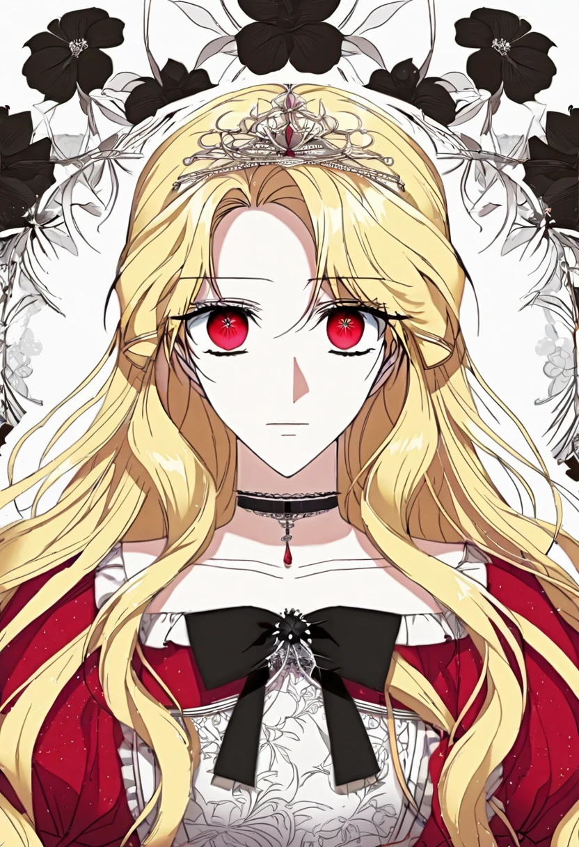 (shoujo-style:1.3), floral background, romance manhwa, 1girl, blonde hair, solo, long hair, flower, dress, tiara, white dress, gloves, long sleeves, choker, red eyes, white gloves, black bow, black flower, wavy hair, bow, jewelry, looking at viewer, white background, collarbone, puffy sleeves, silver accessories, upper body, parted bangs, very long hair, red dress, frills, bangs, closed mouth