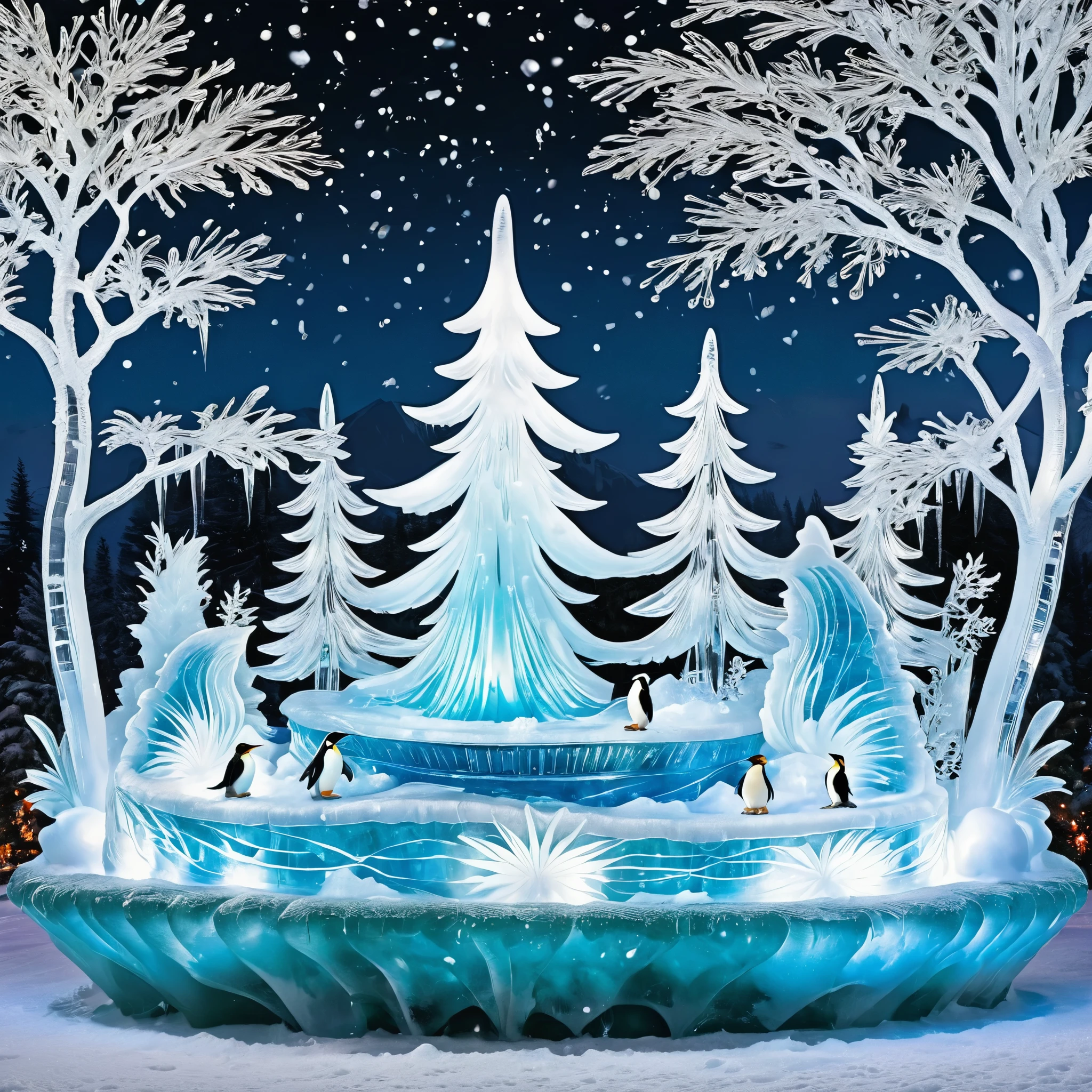 Generate a winter wonderland scene with ice sculptures, skating penguins, and shimmering icicles. Convey the beauty of a frozen landscape.