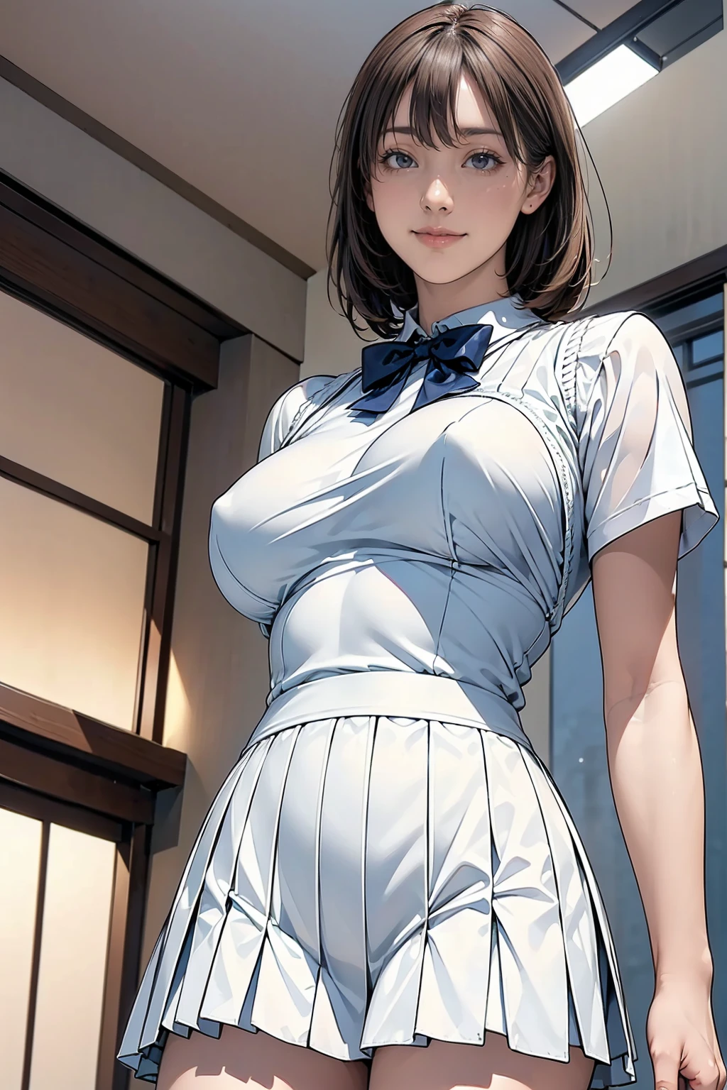 (masterpiece:1.2, Highest quality), (Realistic, photoRealistic:1.4), Beautiful illustrations, (Natural Side Lighting, Cinema Lighting), Written boundary depth,
Looking at the audience, (Face Focus, Upper Body), Front view, 1 Girl, English, high school girl, , Perfect Face, Cute symmetrical face, Shiny skin,
(Bob Hair:1.7,blonde), Asymmetrical bangs, Big eyes, Droopy eyes, long eyelashes chest), thin,
Beautiful Hair, Beautiful Face, Beautiful and beautiful eyes, Beautiful clavicle, Beautiful body, Beautiful breasts, Beautiful thighs, Beautiful legs, Beautiful fingers,
((High-quality fabric, brown knit vest, Short sleeve white collar shirt, Navy Pleated Skirt, Navy bow tie)),
(Beautiful views), evening, (Inside the flower shop), Are standing, (smile, Superior, Open your mouth), (From below:1.5),(Poor visibility:1.5), (((Backlight)))