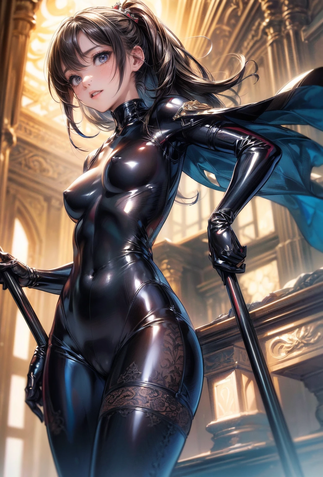 nsfw、(masterpiece, Highest quality, Super detailed:1.3), Perfect composition, 4K, (Very detailed, Super detailed),(Angle from directly below the girl:1.5), Ultra-thin high-cut latex suit、Long gloves in latex、Latex long tights,(The skin is slightly visible)、 High resolution, 8k Texture, Attention to detail, Very detailed肌の質感, Magnificent details, High Sharpness, One girl, (Fine grain:1.3), (25-year-old woman:1.3),(A smile that lowers the corners of the eyeouth showing teeth、