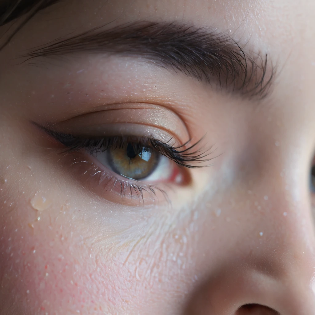 very zoomed in and close up on a beautiful depressed emotional girls eye and cheek