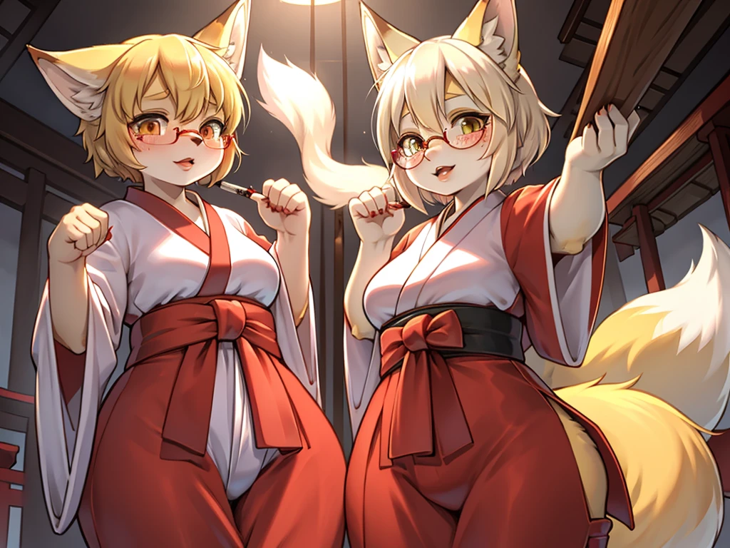 Japanese shrine maiden outfit fox , short blonde hair, freckles, (thick lips), plump, glasses , Suspicion eyes , gohei