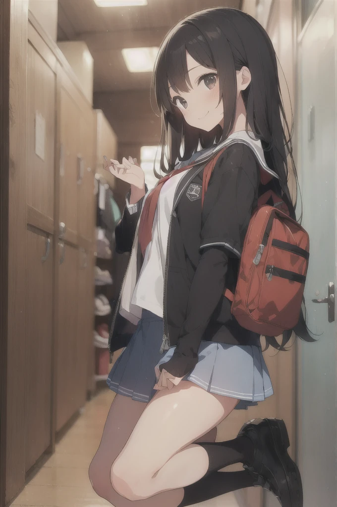 Masterpiece, Best Quality, ultra detailed,(change),it&#39;s anime, ,anime moe art style,cartoon style illustration, (pretty eyes), ((beautiful)), beautiful, (beautiful),, , shiny skin, ,ultra high resolution, 
1 girl,whole body,,SMILE,school jacket,A girl putting on shoes in a shoe rack,school entrance hall,short sleeves,mini skirt,interior,profile,