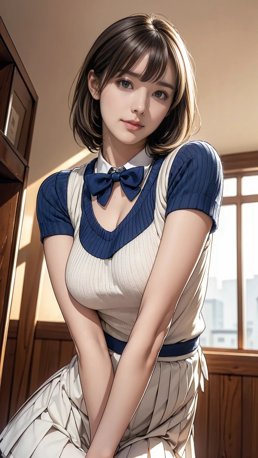 (masterpiece:1.2, Highest quality), (Realistic, photoRealistic:1.4), Beautiful illustrations, (Natural Side Lighting, Cinema Lighting), Written boundary depth,
Looking at the audience, (Face Focus, Upper Body), Front view, 1 Girl, English, high school girl, 15 years old, Perfect Face, Symmetrical cute face, Shiny skin,
(Bob Hair:1.7,blonde), Asymmetrical bangs, Big eyes, Droopy eyes, long eyelashes chest), thin,
Beautiful Hair, Beautiful Face, Beautiful and beautiful eyes, Beautiful clavicle, Beautiful body, Beautiful breasts, Beautiful thighs, Beautiful feet, Beautiful fingers,
((High quality fabric, Brown knitted vest, Short sleeve white collar shirt, Navy Pleated Skirt, Navy bow tie)),
(Beautiful views), evening, (Inside the flower shop), Are standing, (smile, wonderful, Open your mouth), (From below:1.5),(Poor horizon:1.5), (((Backlight))), (((Saggy breasts:1.2)))