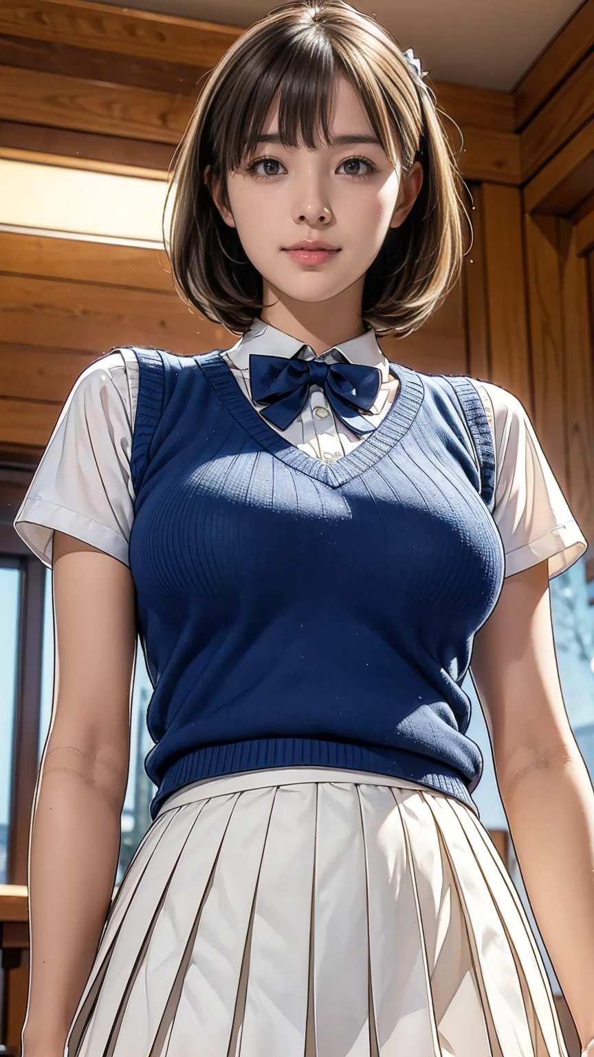 (masterpiece:1.2, Highest quality), (Realistic, photoRealistic:1.4), Beautiful illustrations, (Natural Side Lighting, Cinema Lighting), Written boundary depth,
Looking at the audience, (Face Focus, Upper Body), Front view, 1 Girl, English, high school girl, , Perfect Face, Symmetrical cute face, Shiny skin,
(Bob Hair:1.7,blonde), Asymmetrical bangs, Big eyes, Droopy eyes, long eyelashes chest), thin,
Beautiful Hair, Beautiful Face, Beautiful and beautiful eyes, Beautiful clavicle, Beautiful body, Beautiful breasts, Beautiful thighs, Beautiful feet, Beautiful fingers,
((High quality fabric, Brown knitted vest, Short sleeve white collar shirt, Navy Pleated Skirt, Navy bow tie)),
(Beautiful views), evening, (Inside the flower shop), Are standing, (smile, wonderful, Open your mouth), (From below:1.5),(Poor horizon:1.5), (((Backlight))), (((Saggy breasts:1.2)))