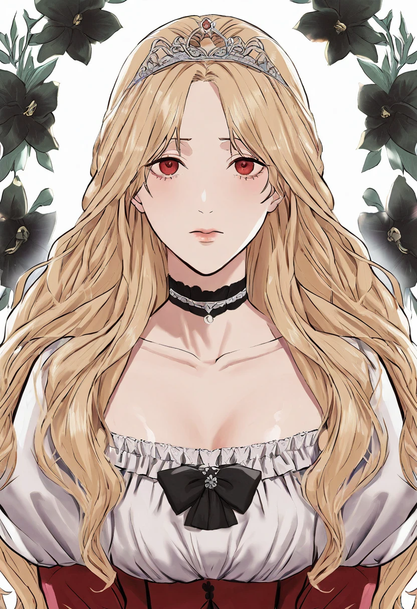(sexy-style:1.3), floral background, romance manhwa, 1girl, blonde hair, solo, long hair, flower, dress, tiara, white dress, gloves, long sleeves, choker, red eyes, white gloves, black bow, black flower, wavy hair, bow, jewelry, looking at viewer, white background, collarbone, puffy sleeves, silver accessories, upper body, parted bangs, very long hair, red dress, frills, bangs, closed mouth