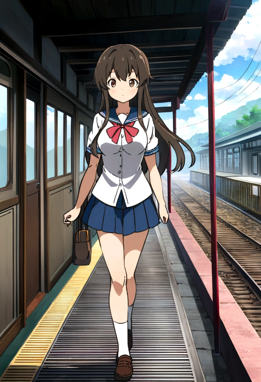 Anime girl with long hair walking on a train platform., Kantai Collection Style, railgun, Perfect, kantai collection gallery, cancolle, Makoto Shinkai Style, visual anime of a cute girl, makoto shinkai art style, beautiful anime high school girl, 4K anime style, official artwork, Shinkai Makoto