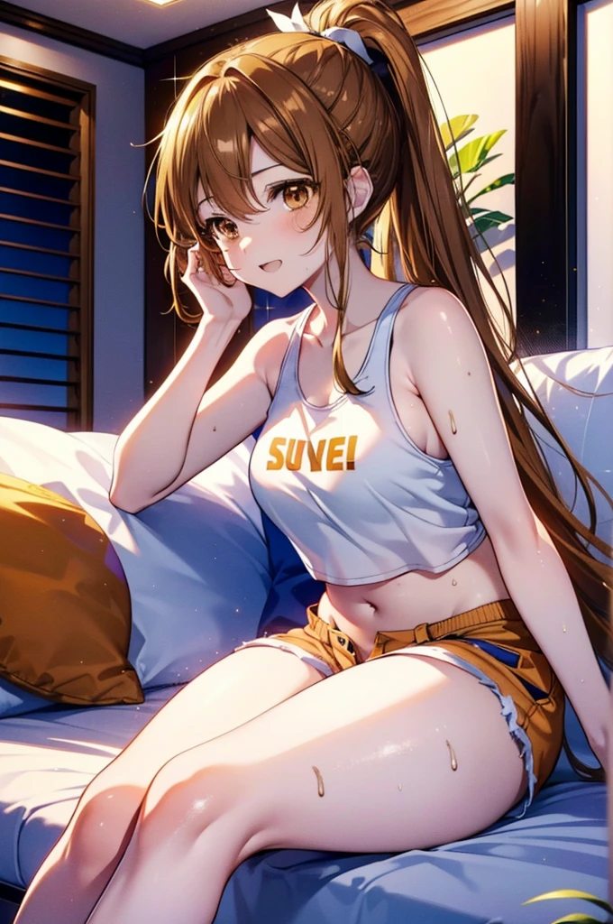 a sun ayuuki, a sun a yuuki, Long Hair, Brown Hair, (Brown eyes:1.8), ponytail,Sweat,濡れて透けたTank top,Tank top,Belly button,happy smile, smile, Open your mouth,Shorts,barefoot,Sitting on the sofa,Holding an ice cream in one hand,noon,Clear skies,
Break indoors,room,
壊す looking at viewer,Systemic
break (masterpiece:1.2), Highest quality, High resolution, unity 8k wallpaper, (shape:0.8), (Fine and beautiful eyes:1.6), Highly detailed face, Perfect lighting, Highly detailed CG, (Perfect hands, Perfect Anatomy),